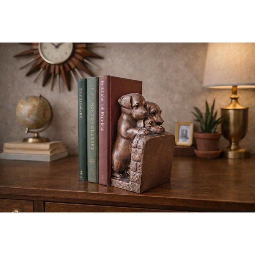Vintage Copper Dog Bookend | "Puppies Over Wall" | Heavy Figurine | Americana